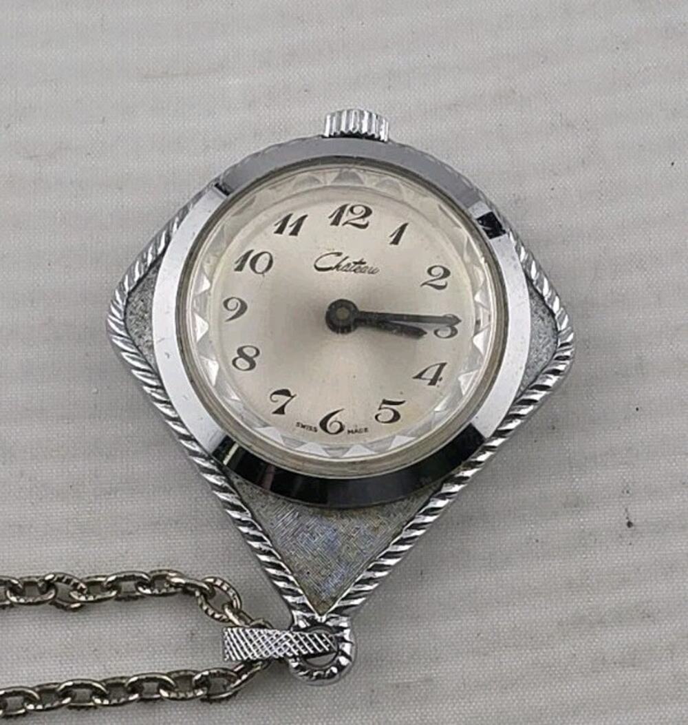 Vintage Swiss Made Chateau Mechanical Wind Up Necklace Pendant Watch Runs